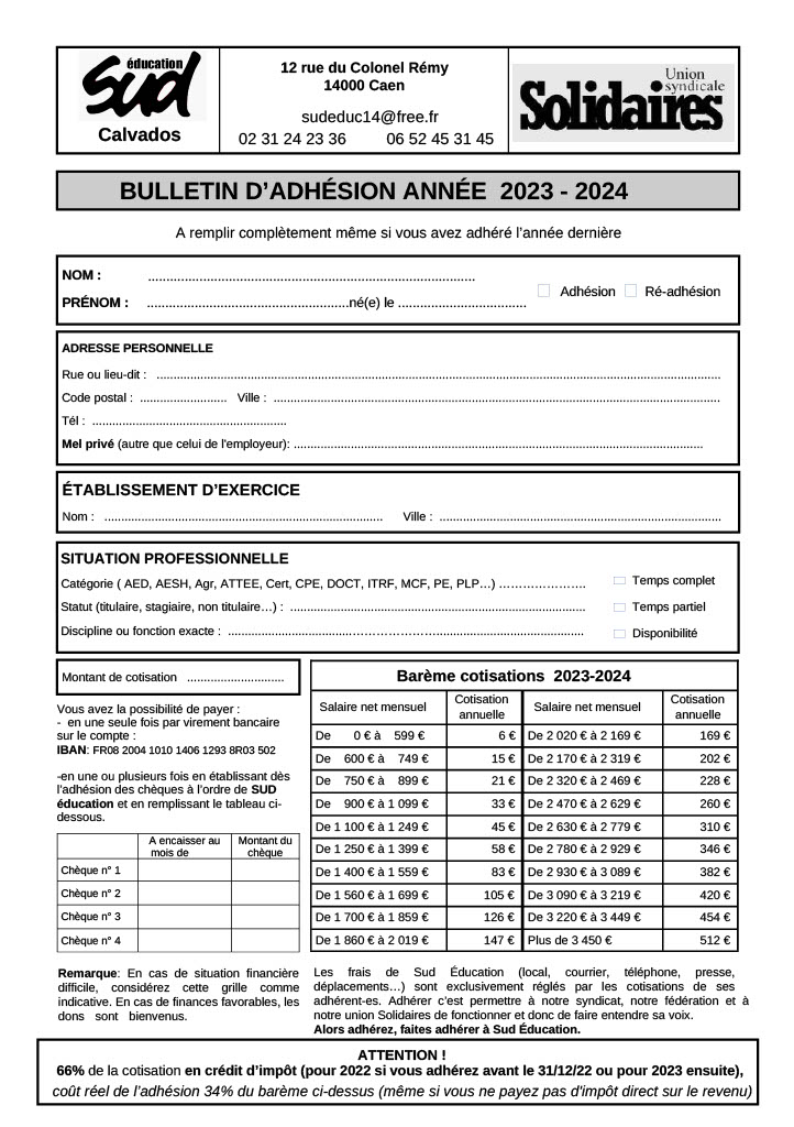 Bulletin d'adhésion à SUD Education Calvados