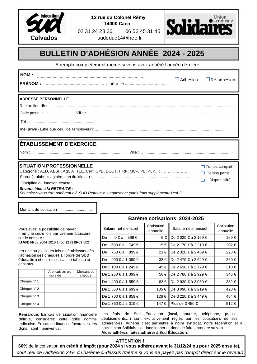 Bulletin d'adhésion à SUD Education Calvados